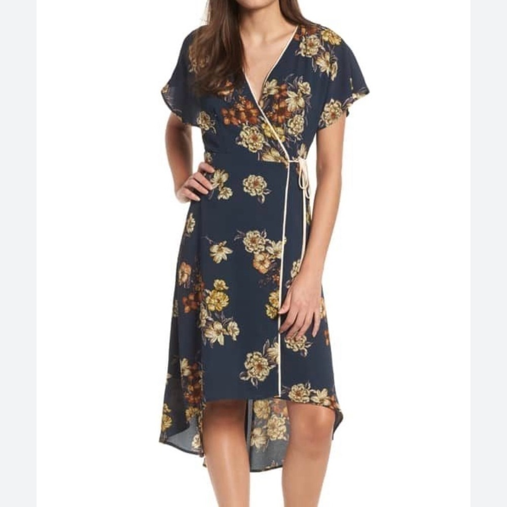 Leith Floral Wrap Dress Deep Teal Cream Orange Flowers XS string tie double V